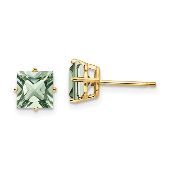Kazi Luxury 14k Yellow Gold 6mm Square Green Quartz Earrings